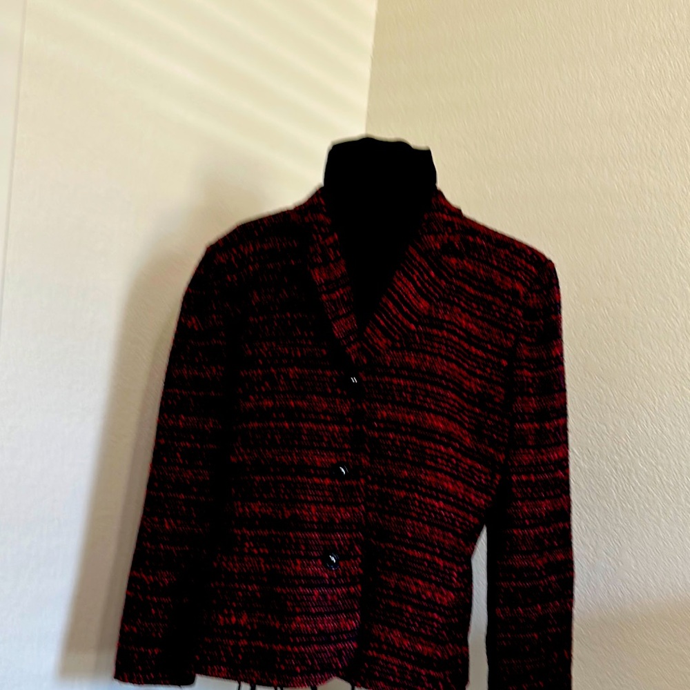 Red and Black Textured Blazer with Stand-Up Collar